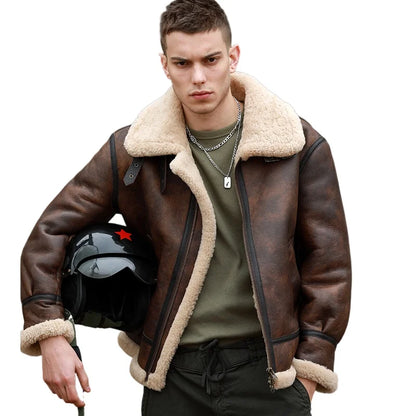 Herrar Vinterkappa i Äkta Läder - Naturlig Shearling Jacka för Motorcyklister och Piloter, Stora Storlekar upp till 7XL i Stilig Brun