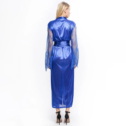 Elegant Women's Lace Lingerie Nightdress - Long Ice Silk Bath Robe in Solid Colors