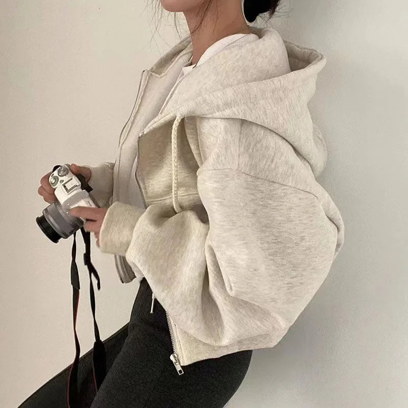 2024 Vår och Höst - Ny Fleecefodrad, Allsidig Zip-Hoodie för Kvinnor - Slimmad Passform i Mörkblått för en Elegant Silhuett