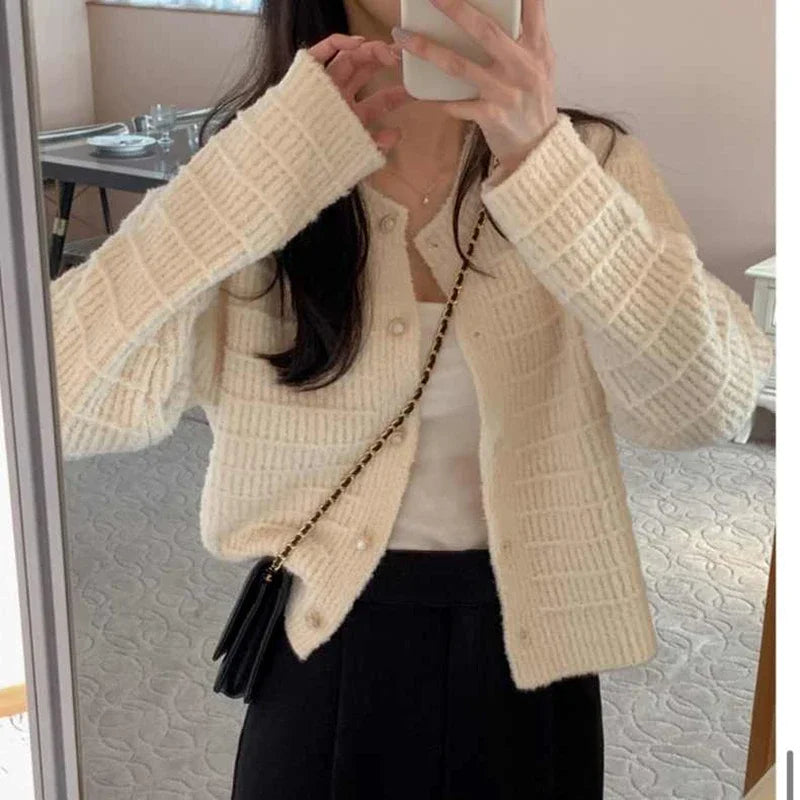 Fashion Long Sleeve Knitted Cardigan Jacket for Women Spring Autumn Elegant Korean O Neck Casual Sweater Loose Retro Short Coats
