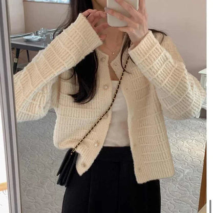 Fashion Long Sleeve Knitted Cardigan Jacket for Women Spring Autumn Elegant Korean O Neck Casual Sweater Loose Retro Short Coats
