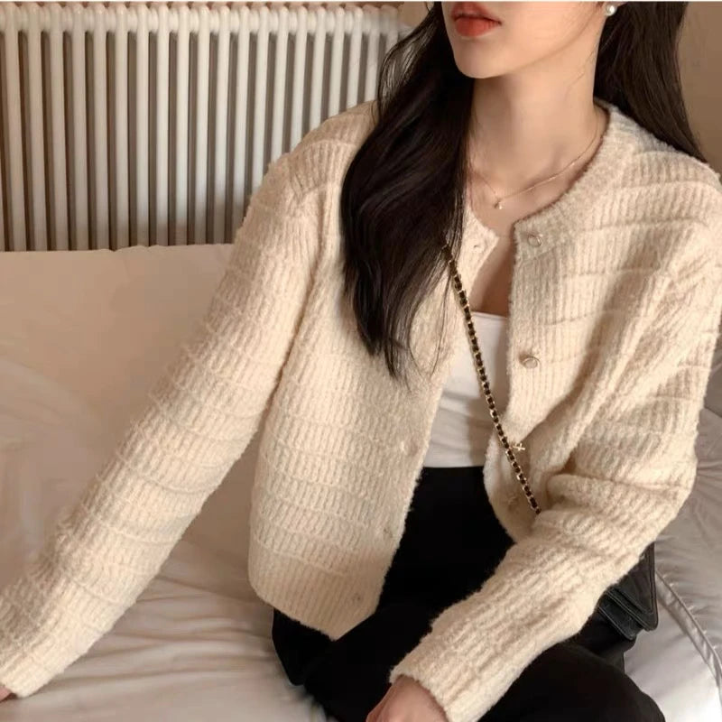 Fashion Long Sleeve Knitted Cardigan Jacket for Women Spring Autumn Elegant Korean O Neck Casual Sweater Loose Retro Short Coats