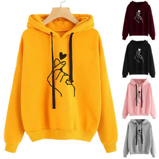 Höst Fleece Hoodie med Fingerhjärta - Enfärgad Koreansk Mode Sweatshirt med Lång Ärmar och Rymliga Fickor