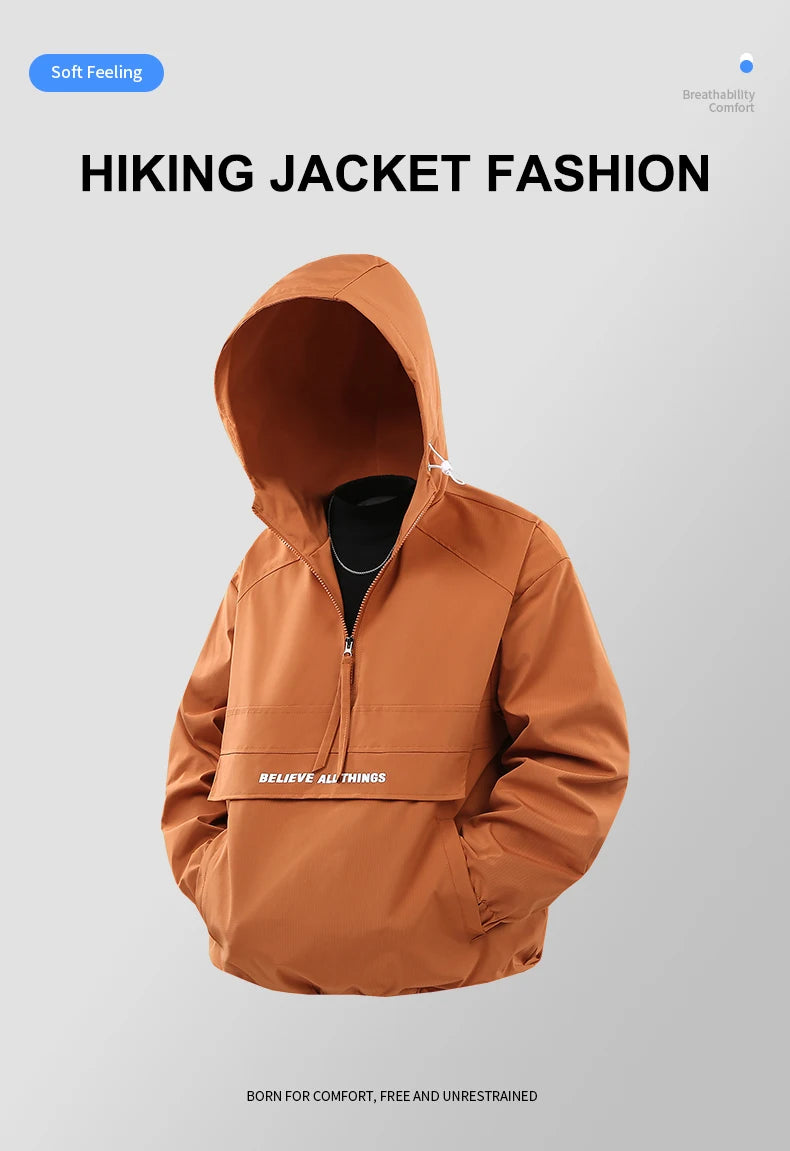 CHRLCK Men Hiking Jacket Outdoor Waterproof Fishing Hooded Sport Jacket Adjustable Drawstring Travel Jacket Mountaineering Coat