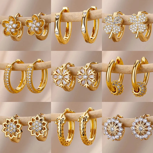 Glittrande Zircon Snöflingeörhängen i Guldton - Eleganta Blommiga Geometriska Hängande Örhängen i Rostfritt Stål för en Lyxig Bröllopslook