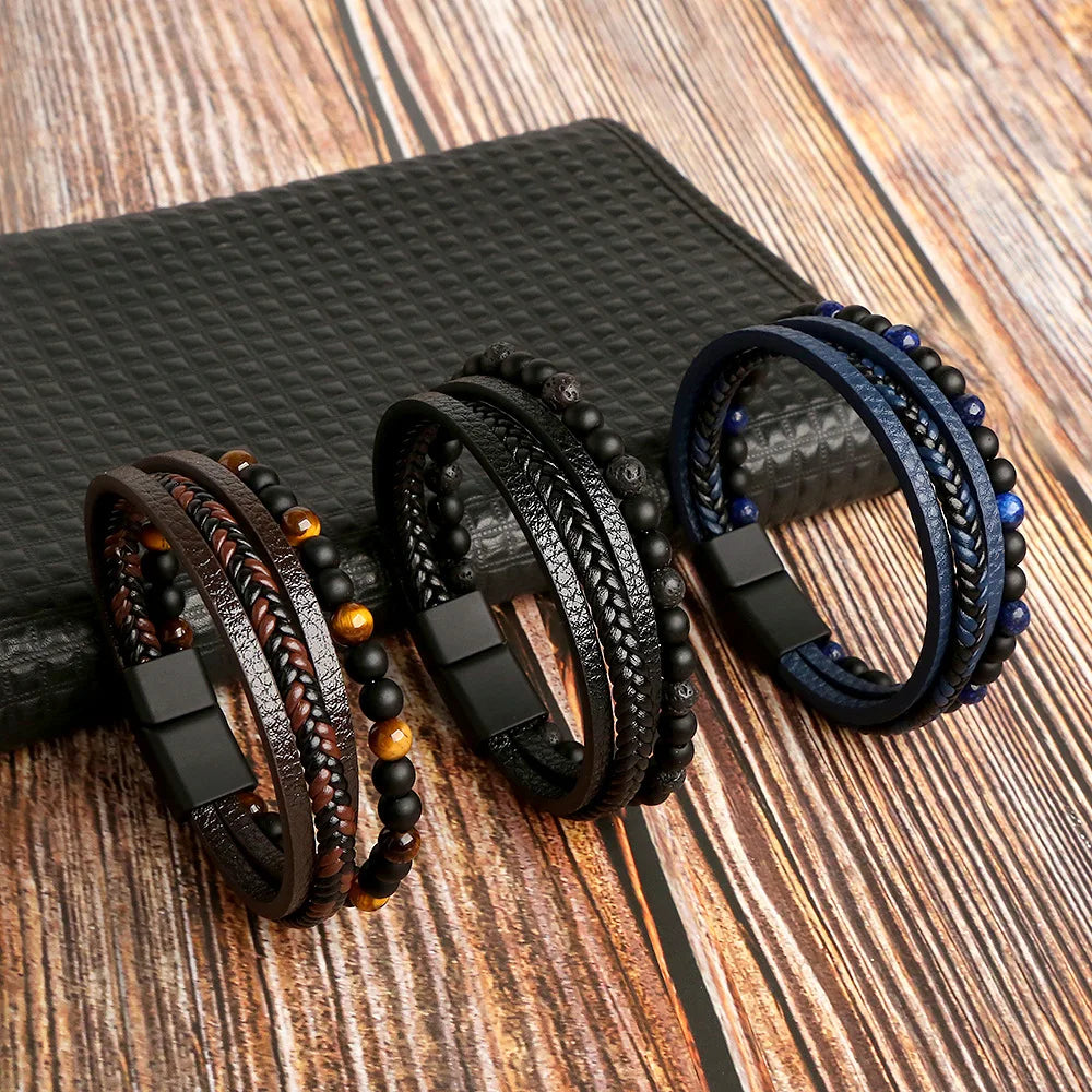 Trendigt Flätat Läderarmband för Män med Tigereye-Kulor - Mångskikts Hantverk för Stiliga Herrar - Perfekt Smycke för Gåvor 2025