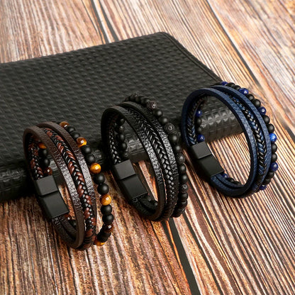 Trendigt Flätat Läderarmband för Män med Tigereye-Kulor - Mångskikts Hantverk för Stiliga Herrar - Perfekt Smycke för Gåvor 2025
