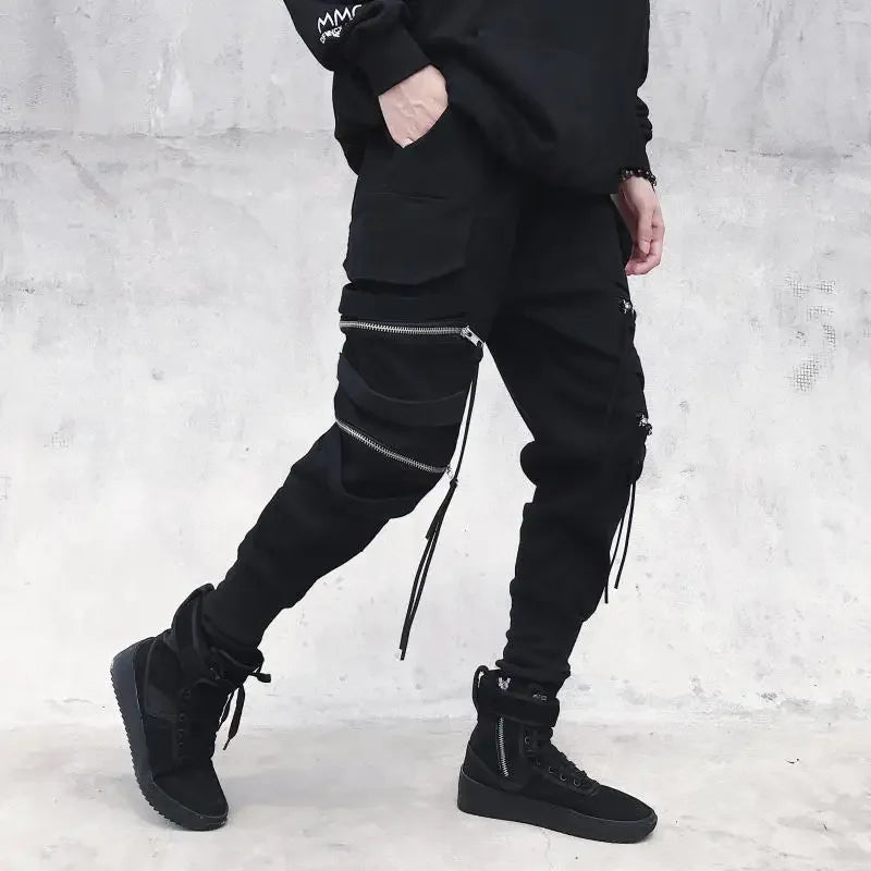 Moderna Herr Cargo Byxor med Dragkedja - Bred Ben Hip Hop Streetwear - Avslappnade Byxor med Dekorativ Snörning