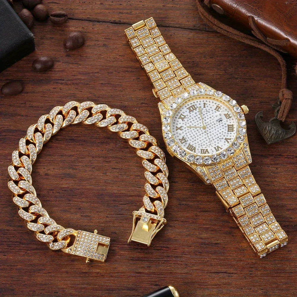 2 pieces/set of luxury men's hip-hop watches, adorned with sparkling artificial diamonds and Cuban chain bracelets