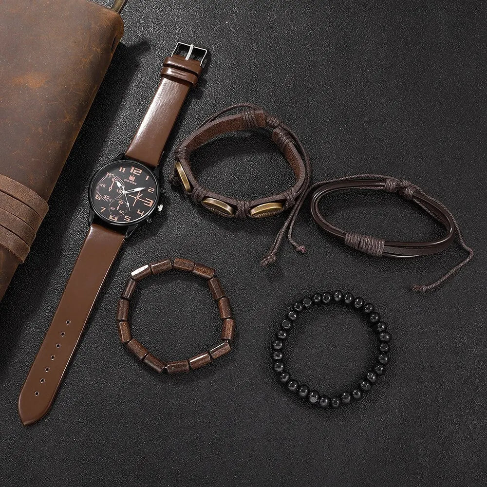5-delars Set Trendiga Herrarmbandsur - Retro Klocka med Stor Urskiva i Quartz för Casual Stil. Klassisk Brun Läderrem för Sport och Fritid.