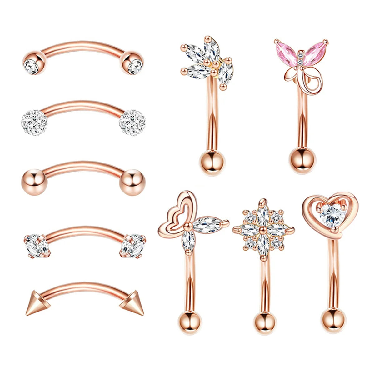 10-Pack 316L Rostfritt Stål Cubic Zirconia Hjärta Ögonbrynsringar Set - Daith Cartilage Conch Piercing Smycken