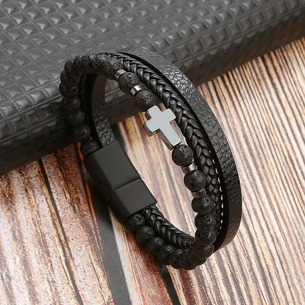Trendigt Flätat Läderarmband för Män med Tigereye-Kulor - Mångskikts Hantverk för Stiliga Herrar - Perfekt Smycke för Gåvor 2025