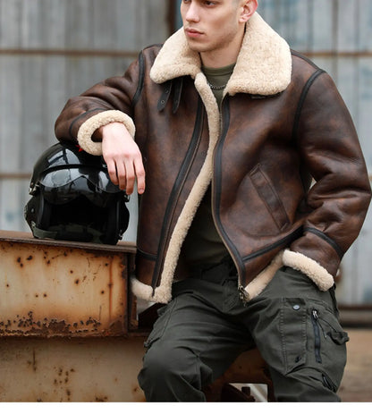 Herrar Vinterkappa i Äkta Läder - Naturlig Shearling Jacka för Motorcyklister och Piloter, Stora Storlekar upp till 7XL i Stilig Brun