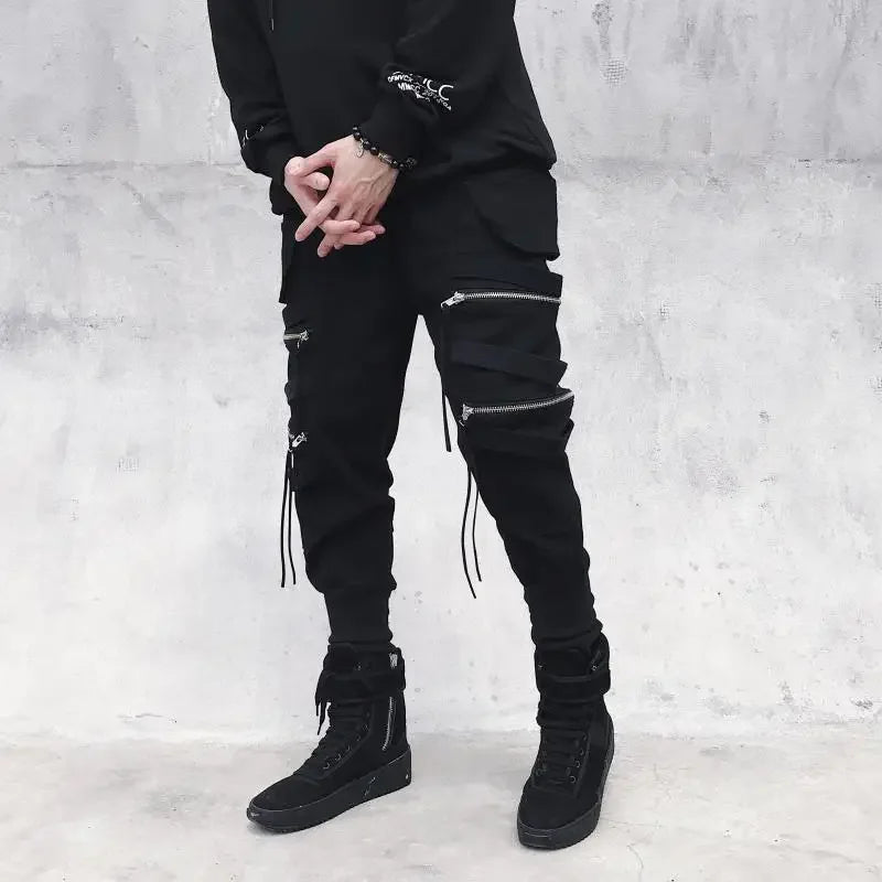 Moderna Herr Cargo Byxor med Dragkedja - Bred Ben Hip Hop Streetwear - Avslappnade Byxor med Dekorativ Snörning
