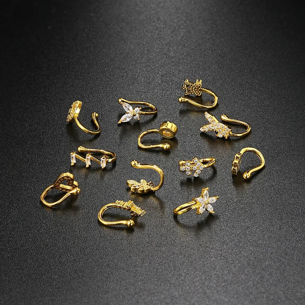 Falsk Piercing Clip Nässmycke - Trendigt Kroppssmycke för Kvinnor - 1 Styck Örclip med Hjärtan, Stjärnor, Blommor och Fjärilar