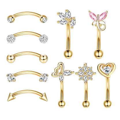 10-Pack 316L Rostfritt Stål Cubic Zirconia Hjärta Ögonbrynsringar Set - Daith Cartilage Conch Piercing Smycken