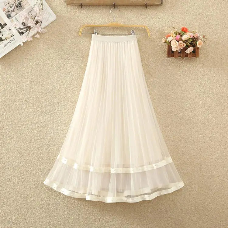 Simplicity Korean Summer Women's Solid Elastic Waist Embroidered Flares Gauze Pleated Fashion High Waist Mid-length A-line Skirt