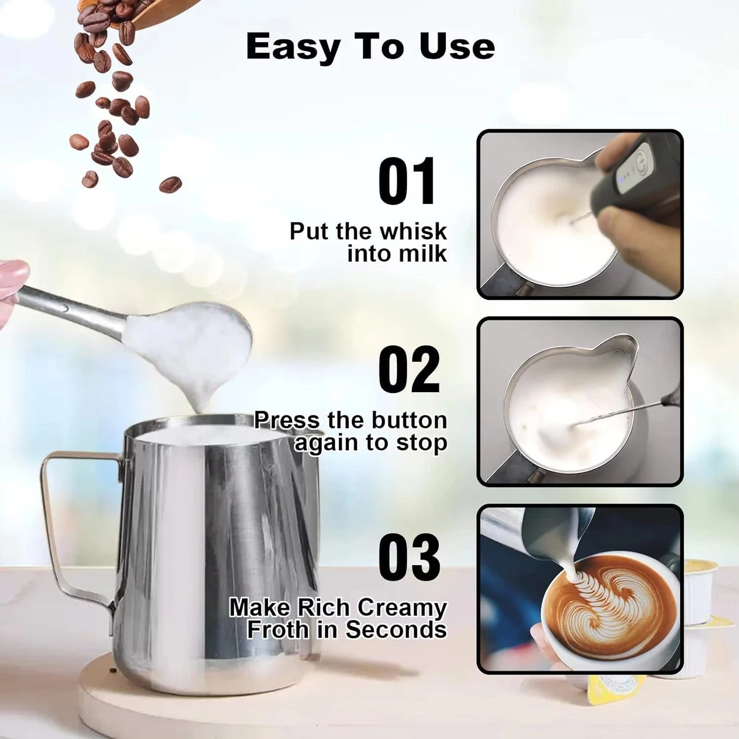 Trådlös USB Elektrisk Mjölkskummare - Handhållen Kaffe- och Äggvisp med 3 Hastigheter - Multifunktionell Kökshjälp