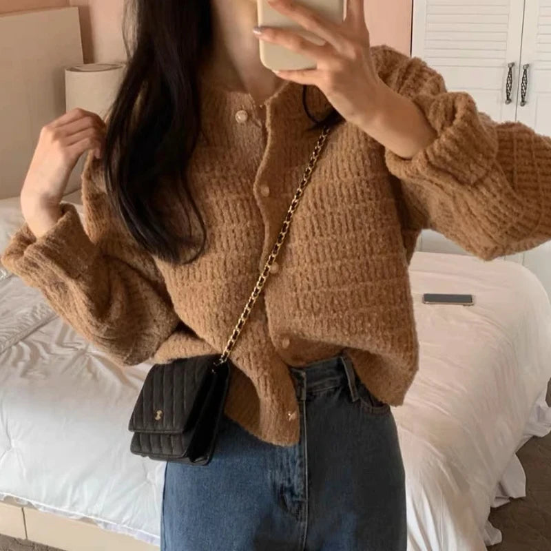 Fashion Long Sleeve Knitted Cardigan Jacket for Women Spring Autumn Elegant Korean O Neck Casual Sweater Loose Retro Short Coats