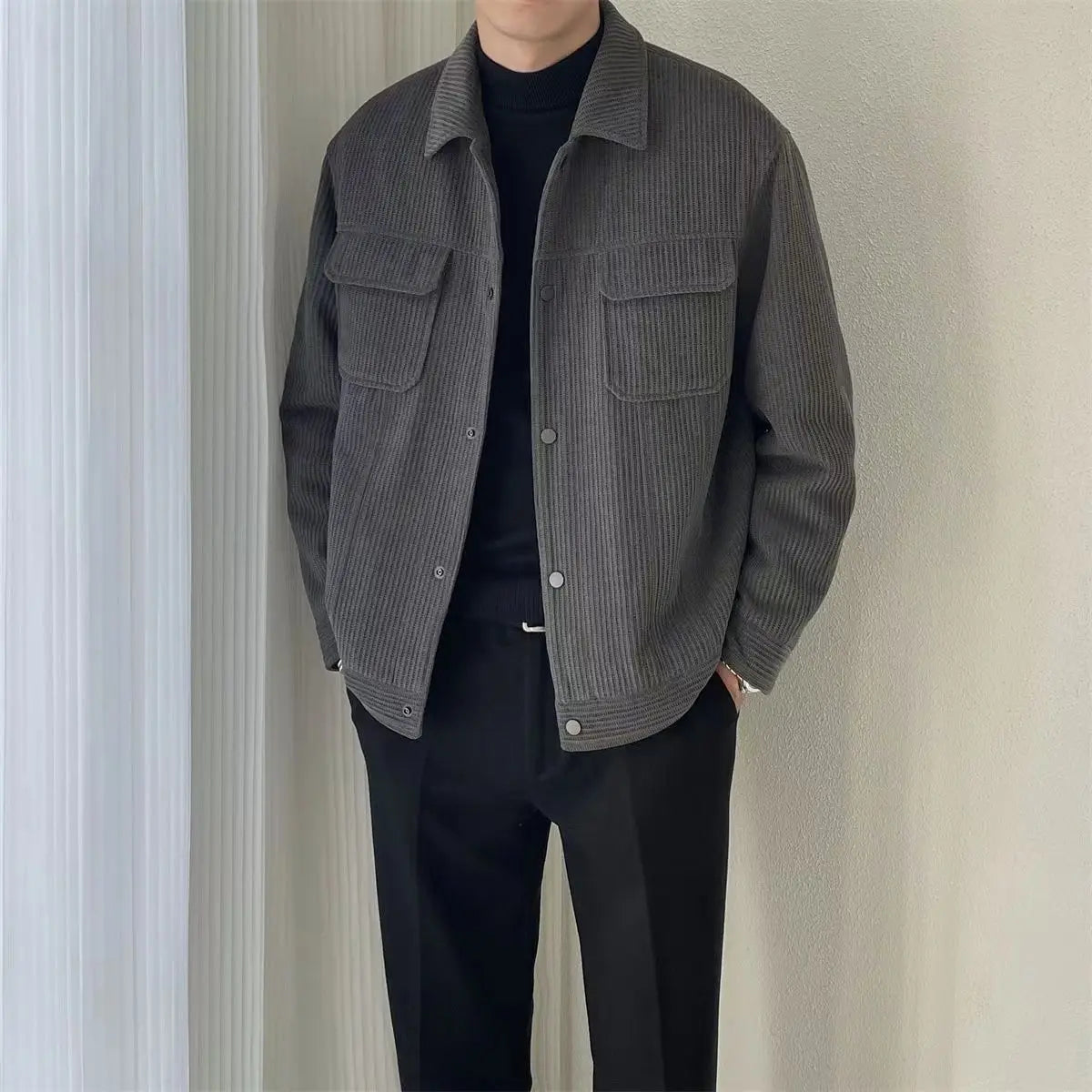 Korean 2024 Men's Boyfriend New Patchwork Turn-down Collar Button Pocket Fashion Solid Color Loose Casual Long Sleeve Jackets