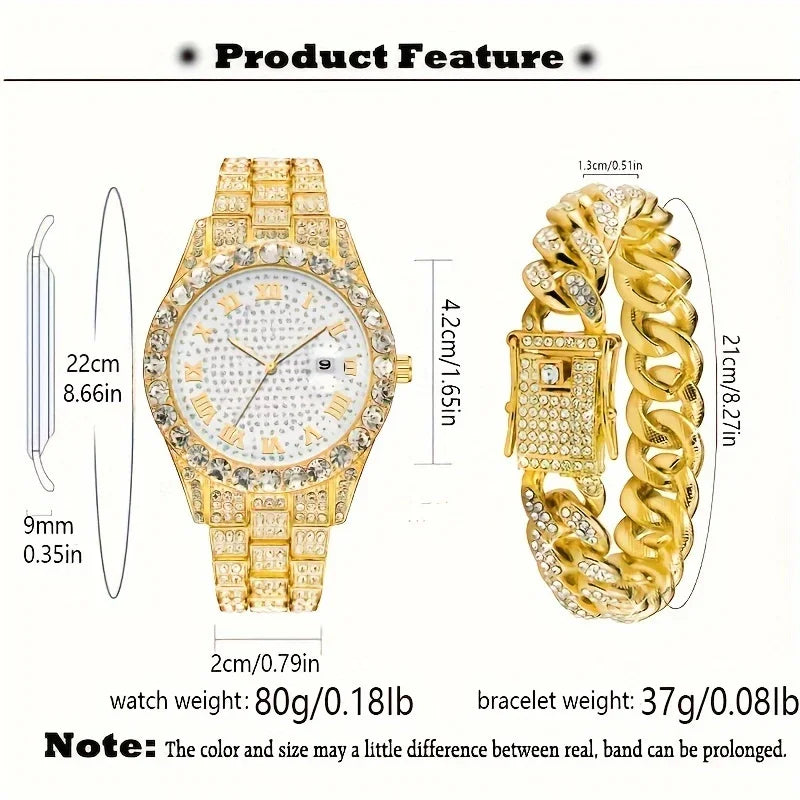 2 pieces/set of luxury men's hip-hop watches, adorned with sparkling artificial diamonds and Cuban chain bracelets