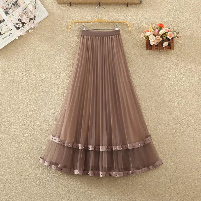 Simplicity Korean Summer Women's Solid Elastic Waist Embroidered Flares Gauze Pleated Fashion High Waist Mid-length A-line Skirt