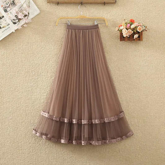 Simplicity Korean Summer Women's Solid Elastic Waist Embroidered Flares Gauze Pleated Fashion High Waist Mid-length A-line Skirt