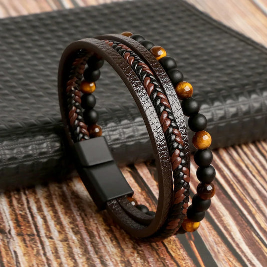 Trendigt Flätat Läderarmband för Män med Tigereye-Kulor - Mångskikts Hantverk för Stiliga Herrar - Perfekt Smycke för Gåvor 2025
