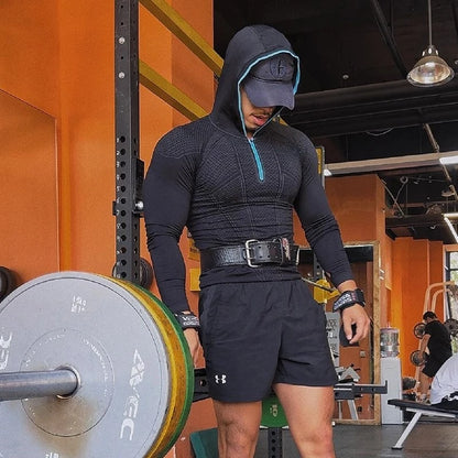 Mäns Snabbtorkande Andningsbar Slim Fit Elastisk Huva Zip T-shirt med Långa Ärmar för Fitness och Sport