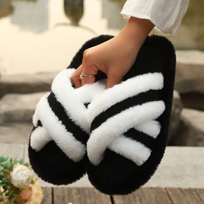 Fluffy Slippers Cross Strap Stitching Warm Casual Platform Slippers - Hamora