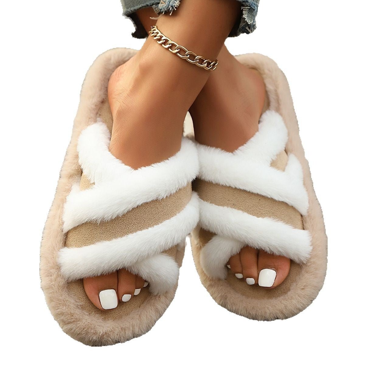 Fluffy Slippers Cross Strap Stitching Warm Casual Platform Slippers - Hamora