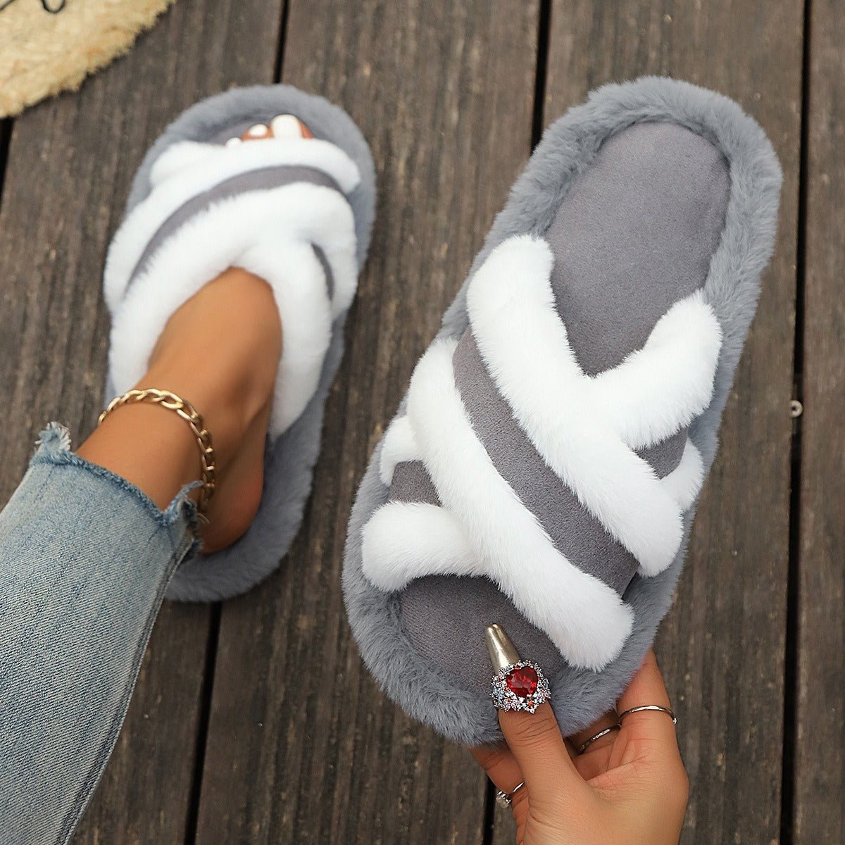 Fluffy Slippers Cross Strap Stitching Warm Casual Platform Slippers - Hamora