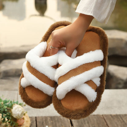 Fluffy Slippers Cross Strap Stitching Warm Casual Platform Slippers - Hamora