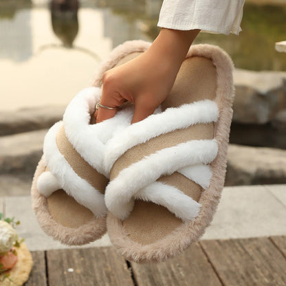 Fluffy Slippers Cross Strap Stitching Warm Casual Platform Slippers - Hamora