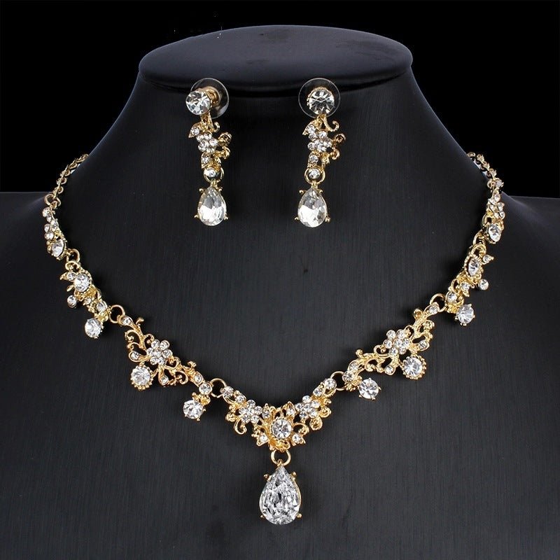Golden Zircon Jewelry Set Bridal Necklace Earrings Wedding Two - piece Set - Hamora