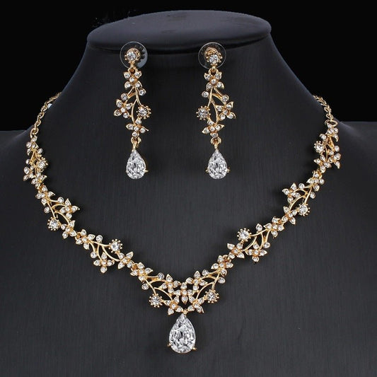 Golden Zircon Jewelry Set Bridal Necklace Earrings Wedding Two - piece Set - Hamora