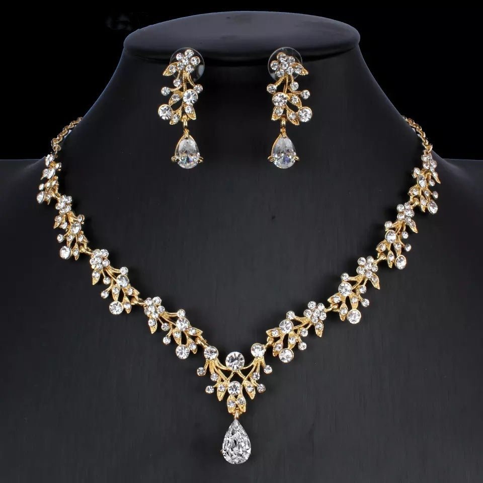 Golden Zircon Jewelry Set Bridal Necklace Earrings Wedding Two - piece Set - Hamora