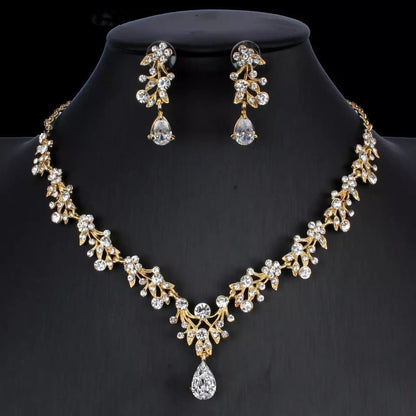 Golden Zircon Jewelry Set Bridal Necklace Earrings Wedding Two - piece Set - Hamora