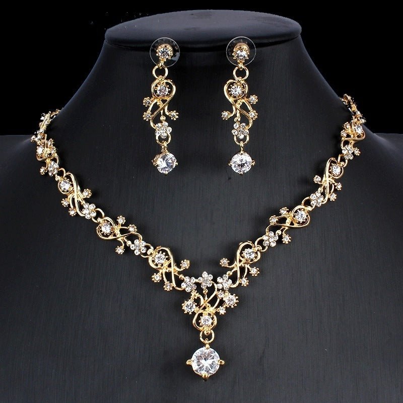 Golden Zircon Jewelry Set Bridal Necklace Earrings Wedding Two - piece Set - Hamora