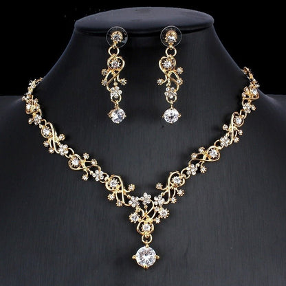 Golden Zircon Jewelry Set Bridal Necklace Earrings Wedding Two - piece Set - Hamora