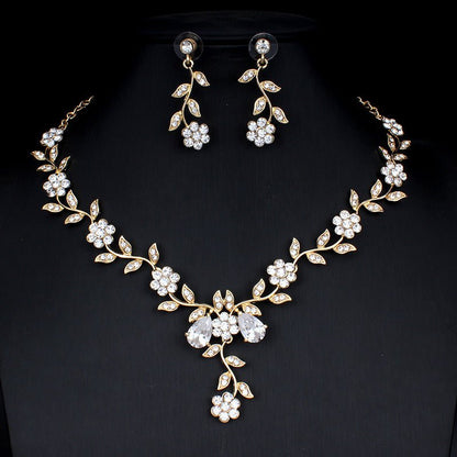Golden Zircon Jewelry Set Bridal Necklace Earrings Wedding Two - piece Set - Hamora