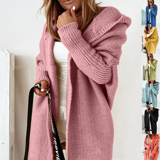 Ins Knitted Hooded Cardigan Fashion Loose Solid Color Batwing Sleeve Sweater Autumn And Winter Women's Clothing - Hamora