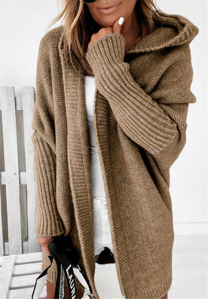 Ins Knitted Hooded Cardigan Fashion Loose Solid Color Batwing Sleeve Sweater Autumn And Winter Women's Clothing - Hamora