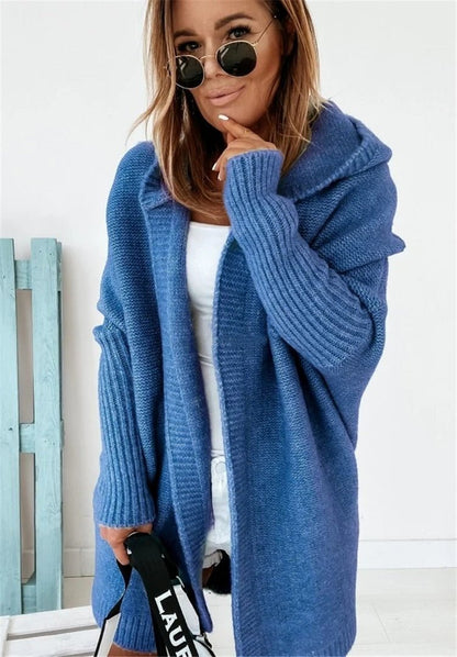Ins Knitted Hooded Cardigan Fashion Loose Solid Color Batwing Sleeve Sweater Autumn And Winter Women's Clothing - Hamora
