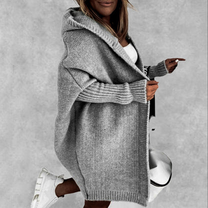 Ins Knitted Hooded Cardigan Fashion Loose Solid Color Batwing Sleeve Sweater Autumn And Winter Women's Clothing - Hamora