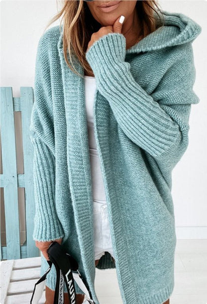 Ins Knitted Hooded Cardigan Fashion Loose Solid Color Batwing Sleeve Sweater Autumn And Winter Women's Clothing - Hamora