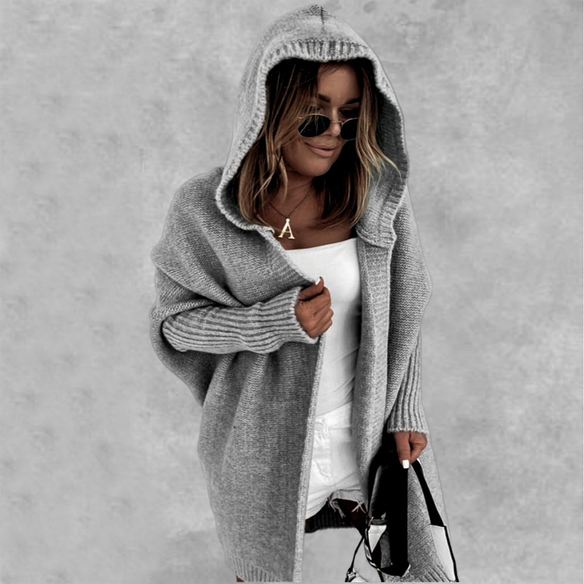 Ins Knitted Hooded Cardigan Fashion Loose Solid Color Batwing Sleeve Sweater Autumn And Winter Women's Clothing - Hamora