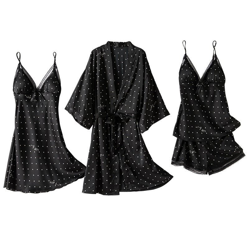 Print Dot Lady Nightwear Satin 4PCS Pajamas Set For Women - Hamora