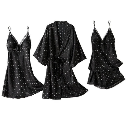 Print Dot Lady Nightwear Satin 4PCS Pajamas Set For Women - Hamora