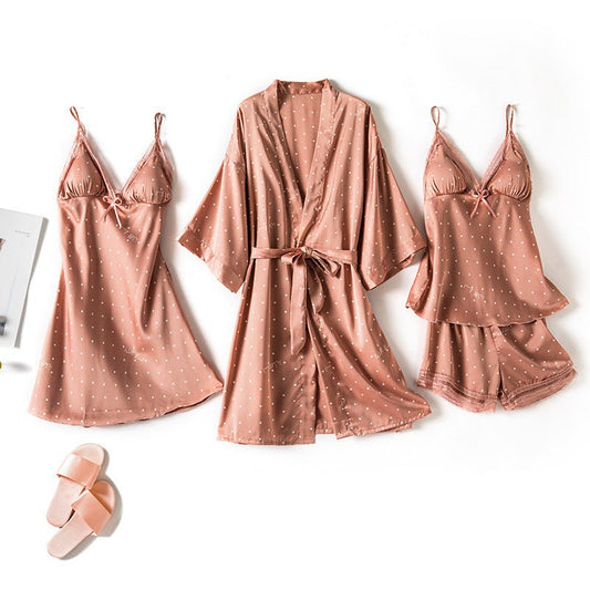 Print Dot Lady Nightwear Satin 4PCS Pajamas Set For Women - Hamora